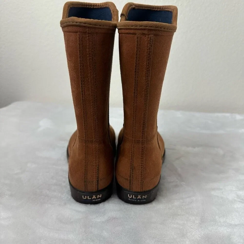 Ulan Women's 8 Fabric Touch Rain Boots Brown Mid Calf‎ Chunky Lug Sole Outdoor